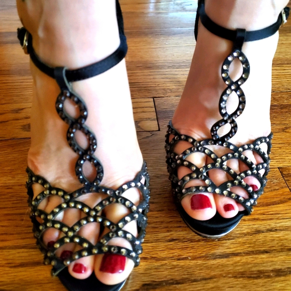 Gorgeous Jeweled Satin T-strap Heels